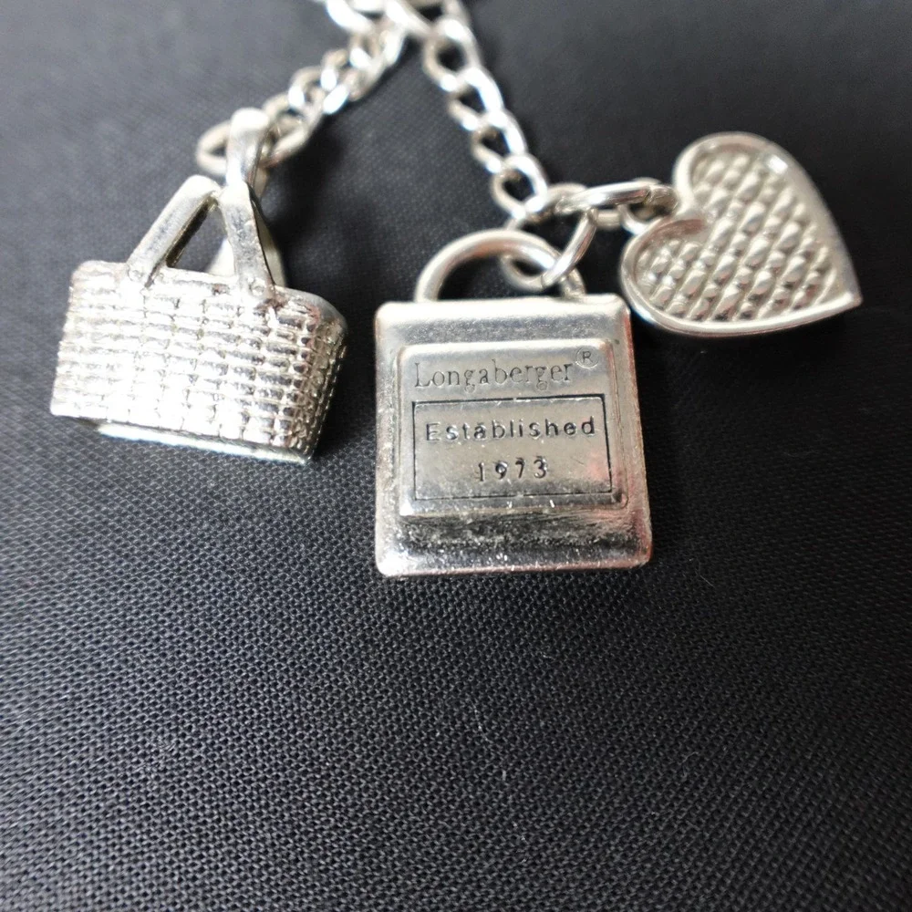Longaberger Charm Keychain Silver Tone Woven Basket Heart Plaque Est 1973